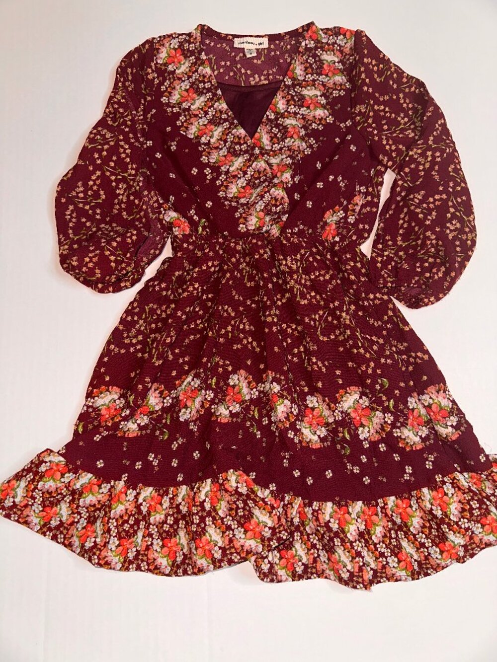 Monteau Girl Girls Burgundy faux wrap Dress size 5 peek-a-boo sleeves #766